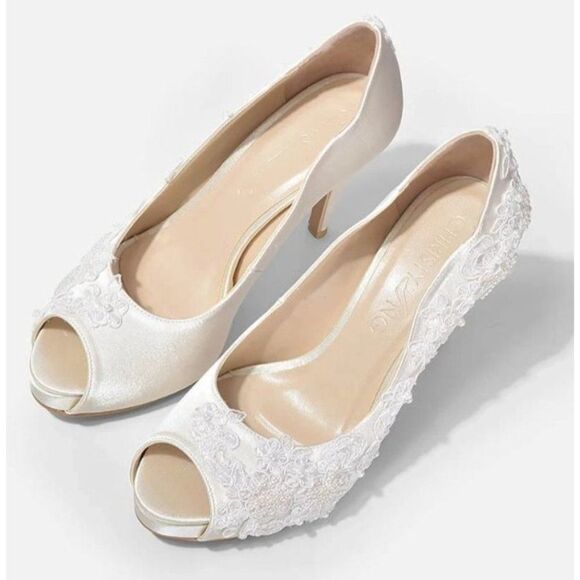 Christy‎ Ing Rosie V2 Lace Ivory Wedding Satin Bridal Lace Peep Toe 10 Heel - Picture 3 of 10